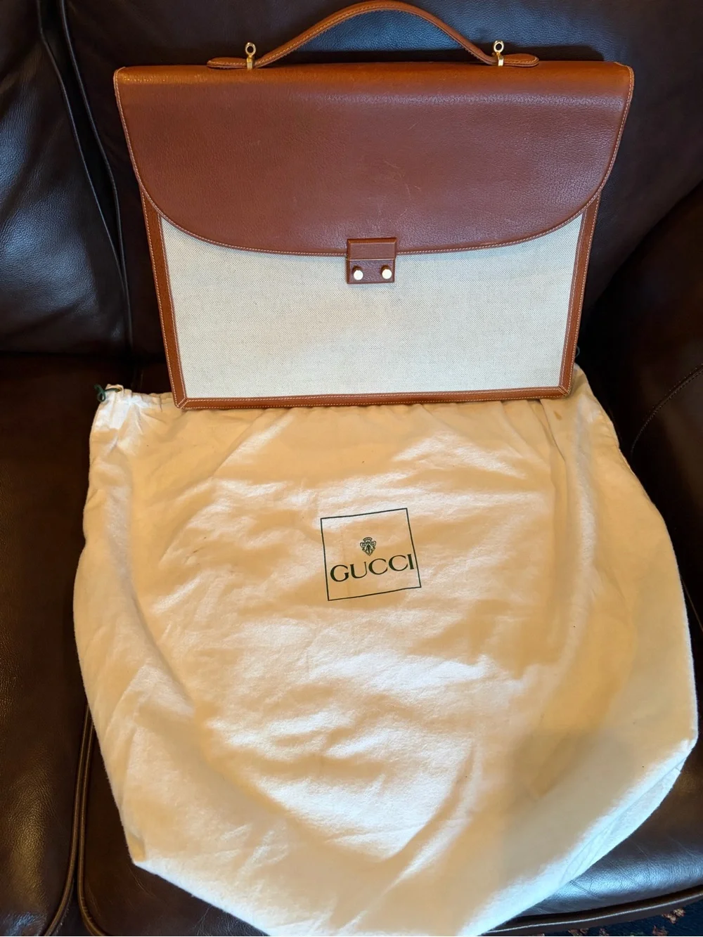 Vintage Gucci Tan and Cream Leather-Trim Briefcase